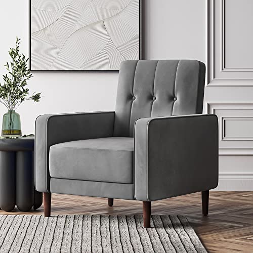 BELLEZE Accent Chairs for Living Room, Mid Century Modern Armchair Velvet Upholstered Comfy Side Chair Button Tufted Back Lounge Reading Chair for Bedroom - Valencia (Gray)