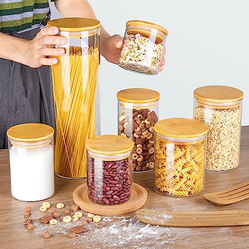 Vtopmart 7-Pack BPA Free Glass Food Storage Jars with Airtight Bamboo Wooden Lids for Pasta, Nuts, Coffee Beans, Cereal and Kitchen Pantry Organization