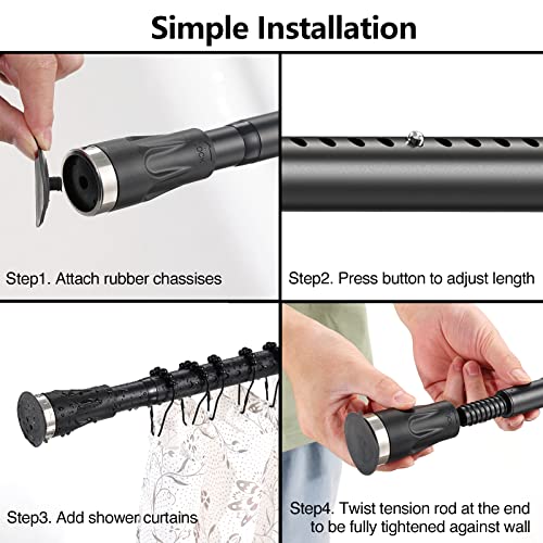 Tension Curtain Rod No Drill, Heavy Duty Adjustable Matte Black Bathroom Shower Curtain Rod with Round Shower Rod Holder for Windows Closet Rod 42-60 inch