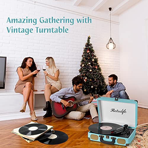 Record Player with Speakers 3-Speed Bluetooth Suitcase Portable Vinyl Record Player Belt-Driven RCA Line Out AUX in Headphone Jack Vinyl Vintage Turntable Blue