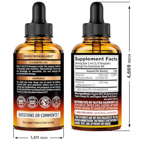 Vitamin D3 K2 USDA Organic Drops - Vitamin D3 10000 IU & K2 as MK-7 120mcg - Immune & Mood Support, Bone & Teeth Health - Sugar-Free Orange Flavor - Liquid Supplement - Made in USA - 2 FL OZ, 60 Days