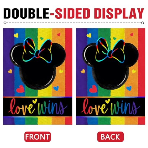 Dyrenson Love Rainbow Cartoon Mouse Decorative Garden Flag, LGBTQ Gay Lesbian Heart Yard Outside Pride Month Home Decoration, LGBT Bisexual Pansexual Burlap Outdoor Small Decor Double Sided 12 x 18