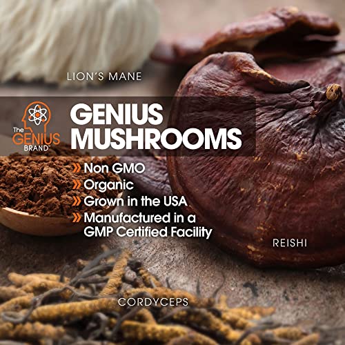 Genius Mushroom Supplement - Lions Mane, Cordyceps, Reishi - Brain Nootropic for Energy, Focus, Overall Wellness, & Immune Support, - 90 Veggie Pills