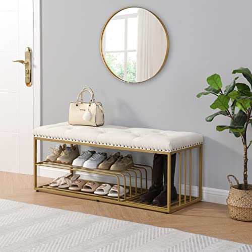 FERFALDER Linen Bench with Storage-Entryway Shoe Storage with Tufted Padded Seat,Gold Mental Frame Ottoman Bench for Bedroom Entry Window Mudroom Living Room,Beige