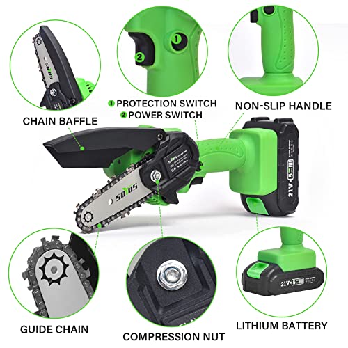 Mini Chainsaw Cordless 4 Inch Chain Saw SOYUS Small with Safety Lock, Rechargeable Lithium Electric Handheld Portable Tree Trimming Branch Wood Cutting