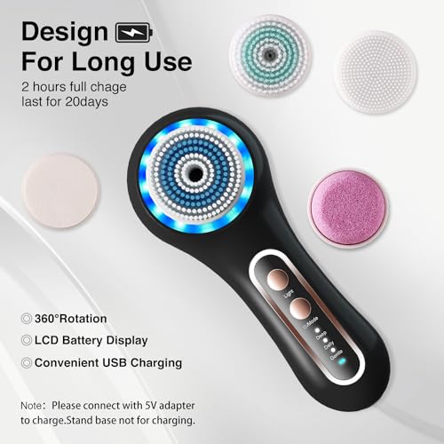 UMICKOO Face Scrubber Exfoliator,Facial Cleansing Brush Rechargeable IPX7 Waterproof with 5 Brush Heads,Electric Face Spin Brush for Exfoliating, Massaging and Deep Cleansing