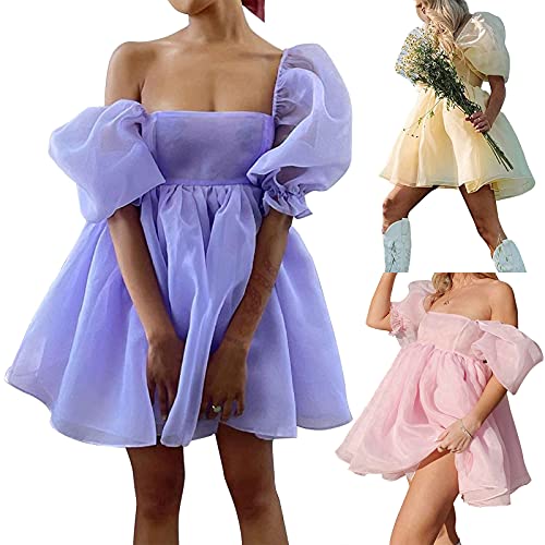 Pejihota Womens Off-Shoulder Ruffled Fluffy Short-Sleeved Mesh Party Mini Princess Dress (S, Pink)