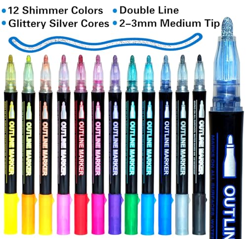 Shimmer Markers Outline Double Line: 12 Colors Metallic Glitter Pens Set Sparkle Kid Age 4 8 10 14 Year Old Gift Present Doodle Drawing Supplies Art Craft Tween Teen Girl Christmas Stocking Stuffers