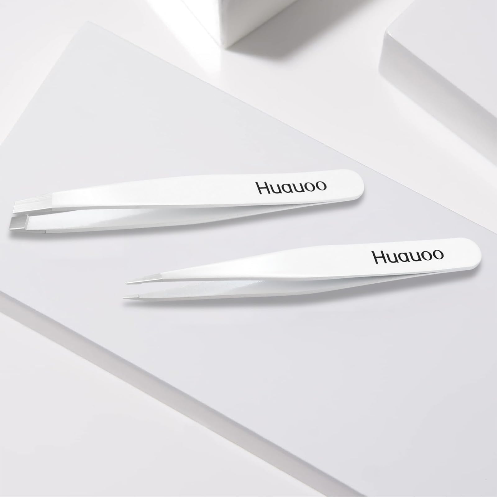Huauoo Stainless Steel Tweezer Set with Slanted and Pointed Eyebrow Tweezers, Tweezers for Women Facial Hair, Tweezers for Women and Men (White)