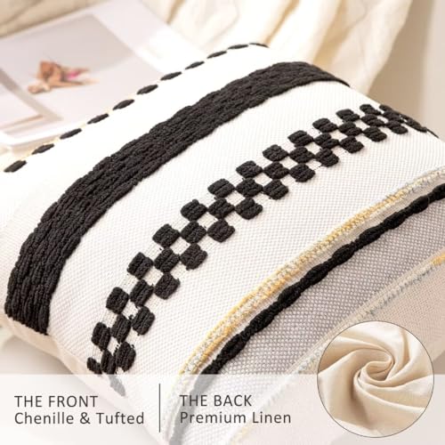 WANLIRD Boho Throw Pillow Covers 18x18 Set of 2 Farmhouse Decorative Cushion Case Striped Square Pillows Cover Chenille Pillow Cases Accent Neutral Pillowcase for Sofa Couch Bed,Yellow-Blue