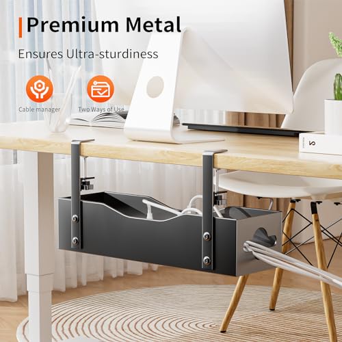 Under Desk Cable Management Tray, Litwaro Cable Management Under Desk No Drill, Cable Rack with Clamp for Desk Wire Management and Desk Cord Organizer, Cable Management Box Under Desk for Home Office