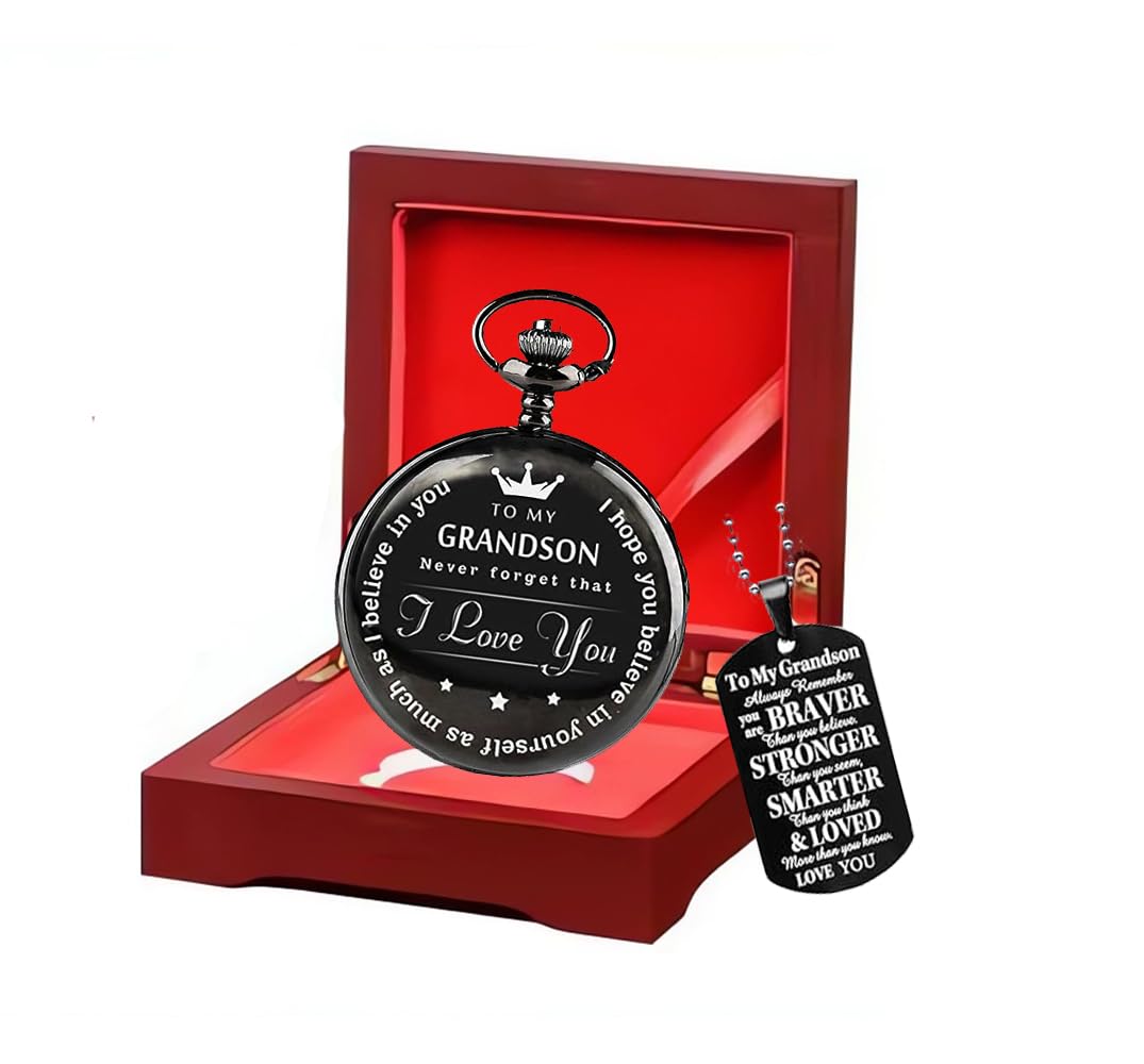 Udaney to My Grandson Pocket Watch and Keychain Set from Grandpa/Grandma Christmas/Birthday Gifts for Grandson