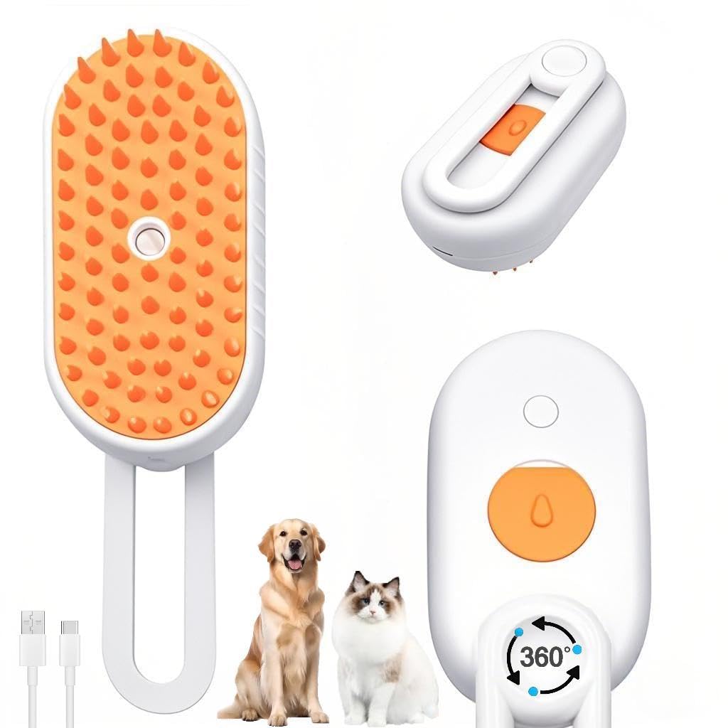 4 in 1 Cat Steam Brush, 2025 Pet Brooming With 360 Rotating Arm, Massage, Cleaning, Shedding & Combing All In One, Brush for Cats and Dogs (Orange)