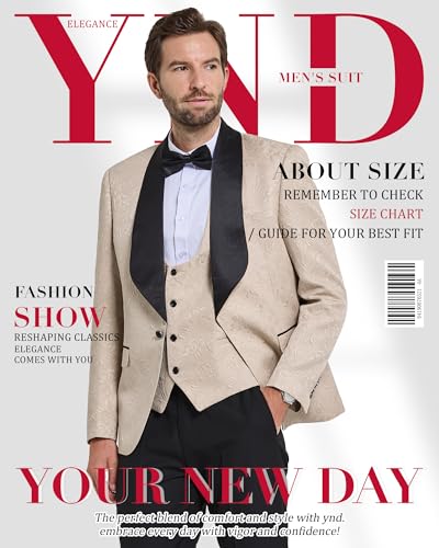 YND Men's 3 Piece Luxury Tuxedo Set, Jacquard Slim Fit Shawl Lapel Jacket Vest & Pants with Bow Tie, Premium Tuxedo for Men, Red