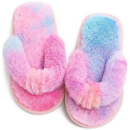 techcity Boys Girls Fuzzy Flip Flop Slippers Kids Cute Soft Comfy Open Toe Fluffy Slip On Thong Flat Sandals House Home Fur Slides Indoor Outdoor (9-10, Rainbow, numeric_9)