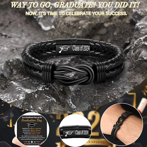 Graduation Gifts, Class of 2024 Leather Bracelet for Men Black Infinity Knot Bracelets for Teen Boys College High School Grads Birthday Christmas Jewelry