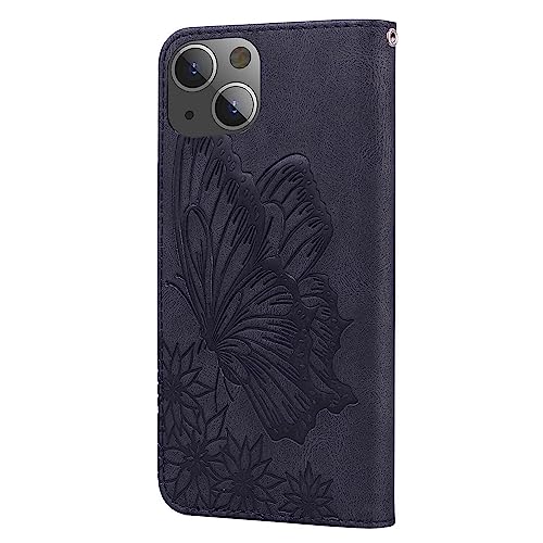 Flip Case Compatible for iPhone 15 Wallet Case PU Leather Folio Cover, Butterfly Phone Case Soft Silicone Bumper with Card Holder Kickstand Magnetic Closure Lanyard Holster for Women-Brown