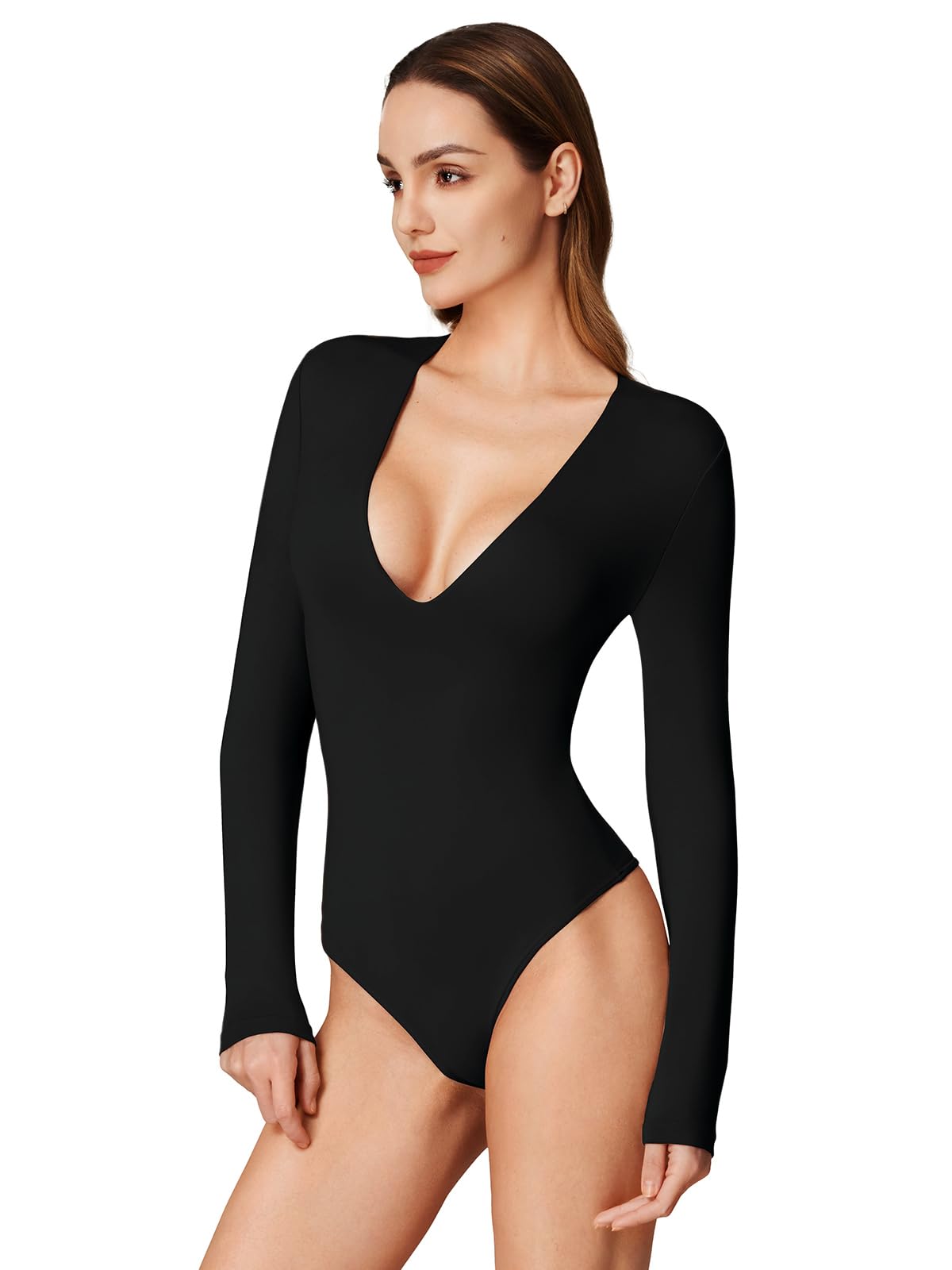REORIA Women's Sexy Deep V Neck Long Sleeve One Piece Bodysuit Top Fall Slimming Double Lined Going Out T Shirt Black Small