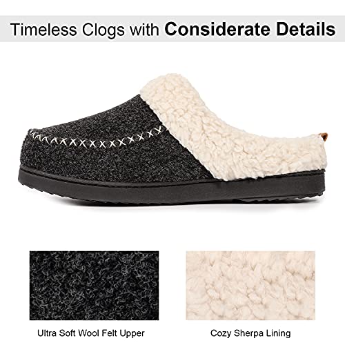 LongBay Women's Felt Sherpa Bedroom Slippers, Wool-Like Memory Foam House Shoes with Plush Fleece Lining, Slip-On Moc Clogs for Indoor Outdoor Black,5-6