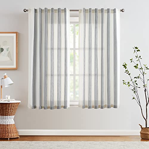 jinchan Striped Linen Curtains 72 Inch Long for Living Room Black Stripe Curtains Semi Sheer Curtains Back Tab Light Filtering Modern Farmhouse Rustic Drapes for Bedroom Window Curtain Set 2 Panels