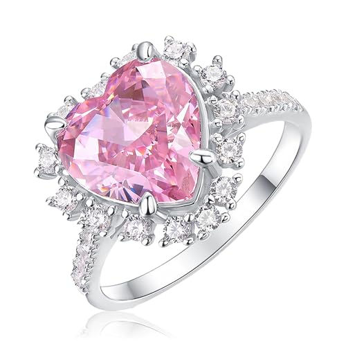 RUKYU 925 Sterling Silver Pink Ring - 9.22 CT Pink Heart Diamond Engagement Ring - Premium 18K White Gold Plated -Elegant Pink Rings for Women on Anniversary, Wedding(Size 6)