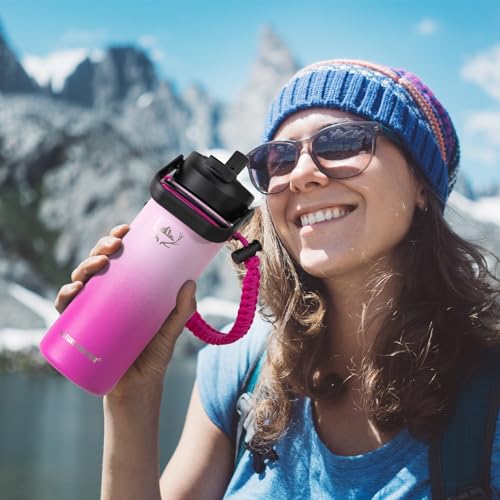 NATURE PIONEOR Insulated Water Bottles with Paracord Handle - 24 oz Vacuum Sports Wide Mouth Water Bottle with 3 Lids, Leak Proof Stainless Steel Keeps Hot and Cold…