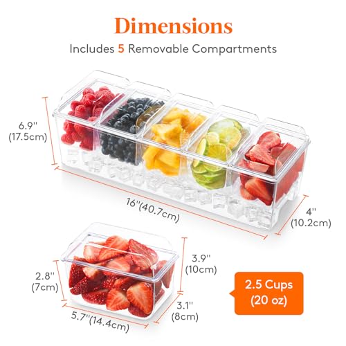 Lifewit Ice Chilled Condiment Caddy with 5 Containers(2.5 cup), Condiment Server with Separate Lids, Serving Tray Platter with Removable Dishes for Bar Accessories, Fruit, Salad, Taco, Party Garnish