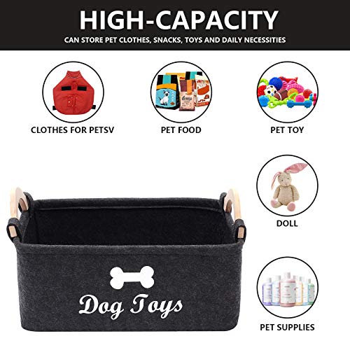 Geyecete Dog Toys Storage Bins - with Wooden Handle, Collapsible Pet Supplies Storage Basket Pet Supplies Storage Basket/Bin Kids Toy Chest Storage Trunk (Dark Grey)