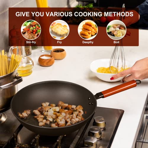 Wok Pan with Lid - 13" Nonstick Wok, Carbon Steel Woks & Stir-Fry Pans with Cookwares, Flat Bottom Chinese wok for Electric, Induction and Gas Stoves