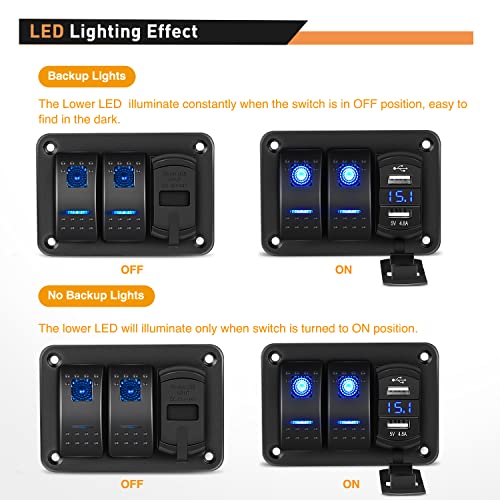 GOOACC 2 Gang Rocker Switch Panel Blue Backlit with 4.8 Amp Dual USB Charger Voltmeter Waterproof 12V 24V DC Rocker Switch with Night Glow Stickers for Car Trucks Boats RVs,2 Years Warranty
