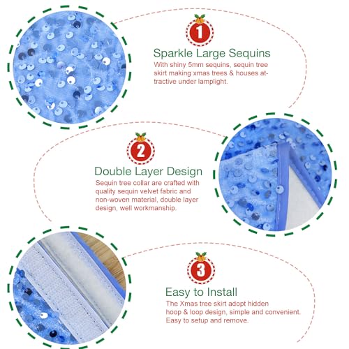 OMKSIH Christmas Tree Collar 24 Inches Baby Blue Sequin Tree Skirts for Artificial Trees Xmas Tree Base Cover Double-Layer Velvet Tree Skirt Cover Glitter Tree Stand Collar for Christmas Decorations