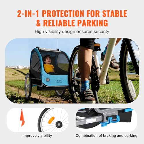 VEVOR Bike Trailer for Toddlers, Kids, 60 lbs Load, Tow Behind Foldable Child Bicycle Trailer with Universal Bicycle Coupler, Canopy Carrier with Strong Carbon Steel Frame for Children, Blue and Gray