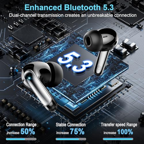 Wireless Earbuds Bluetooth 5.3 Headphones 48H Stereo Earphones in Ear with 4 ENC Mic Clear Calls, Noise Cancelling Ear Buds with LED Display Charging Case, IP7 Waterproof Sport Headset for Android iOS