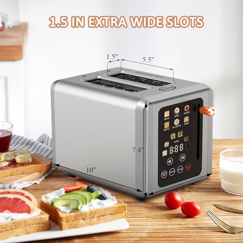 Touch screen Toaster 2 slice, Stainless Steel Digital Timer Toaster with Sound Function, 6 Bread Types & 6 Shade Settings, Smart Extra Wide Slots Toaster with Bagel, Defrost Functions (grey)