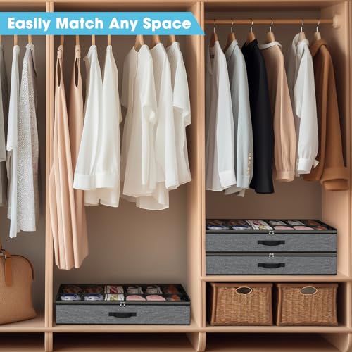 2 Pack Under Bed Shoe Storage Organizer for Closet, Fits Total 24 Pairs Foldable Underbed Shoes Containers Boxes Under the Bed Storage Bedding with Sturdy Handles&Clear Window for College Dorms, Grey