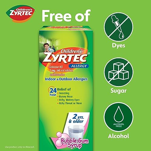 Zyrtec Children's 24 Hour Allergy Relief Syrup, 5 mg Cetirizine HCl Antihistamine, Kids Allergy Medicine for Indoor & Outdoor Allergy Relief, Dye-Free & Sugar-Free, Bubble Gum, 4 fl. oz