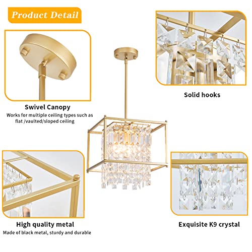 Ejerlya Gold Crystal Chandelier Industrial Pendant Light 11.81 inch Square 4 Lights Modern Vintage Semi Flush Mount Ceiling Light Fixture for Kitchen Island Dining Room Living Room Bedroom