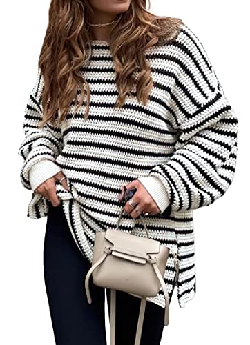 KIRUNDO Women's 2024 Fall Winter Oversized Long Sleeve Striped Sweater Casual Crewneck Side Split Pullover Knit Tops(Beige White, Small)