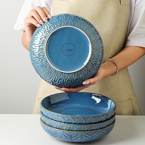 Sureasy Ceramic Pasta Bowls, 30oz Large Salad Bowl, 8.5 inch Embossed Serving Bowl for Kitchen, Wide and Shallow Plates Bowls Set of 4, Microwave, Oven and Dishwasher Safe, Gifts, Blue