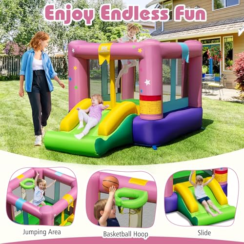 BOUNTECH Inflatable Bounce House, Bouncy House for Kids 3-12 Indoor Outdoor w/480W Blower, Jumping Area, Slide, Basketball Game, Mini Bounce House for Toddler Boys Girls Birthday Party Backyard Gifts