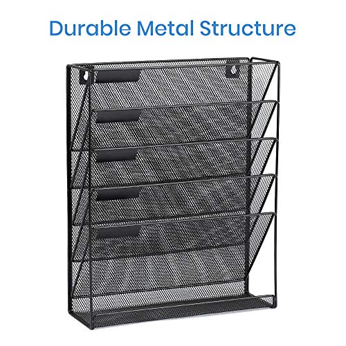 TreeLen Mesh Hanging Wall File Organizer 6 Tier Vertical Mount, Durable Wall File Holder with Bottom Flat Tray for Office Home, Black