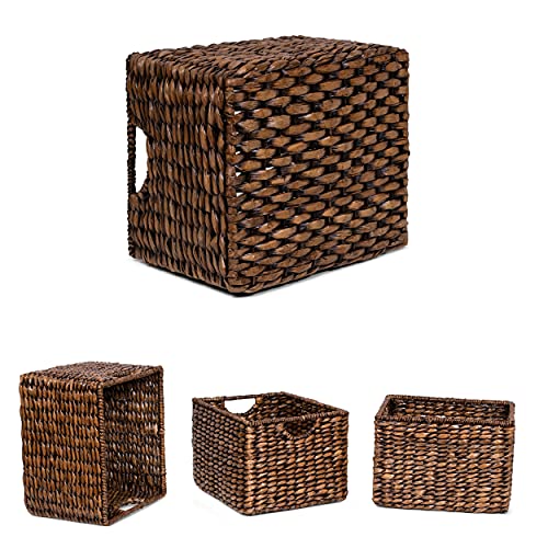 BIRDROCK HOME Storage Shelf Organizer Baskets with Handles - Handwoven Abaca Seagrass Wicker Basket for Pantry, Living Room, Office & Bathroom, Versatile Under Shelf Storage - Set of 3, Brown Wash