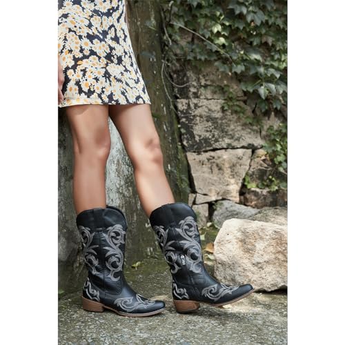 Jeossy Women's 9808 Whisky Cowboy Boots for Women, Round Toe Cowgirl Boots, Western Embroidered Mid High Wide Calf Chunky Pull on Boot with Inner Zipper Size 6(DJY9808 Whisky 06)
