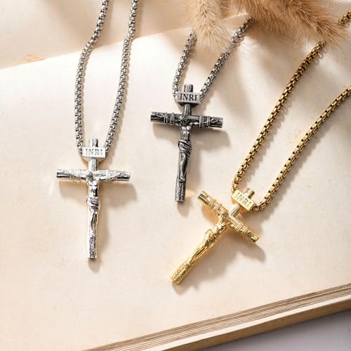 ZENLUNANO Crucifix Cross Necklace for Men and Women with 18K Gold Plated Small Yellow Gold Jesus Pendant and Double 16~22 inch Adjustable Necklace Chains