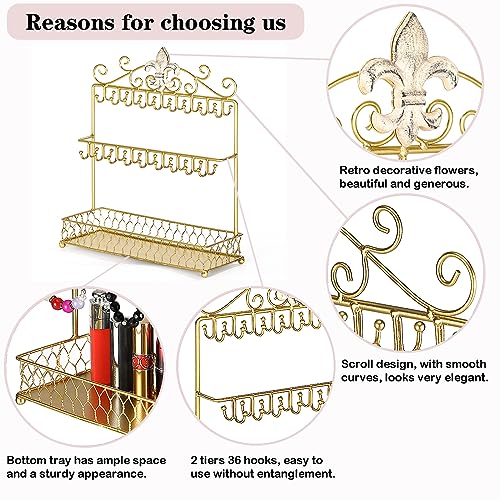 MOCOME Fleur-De-Lis Gold Jewelry Stand Necklace Holder Stand with 36 Hooks and Tray for Woman