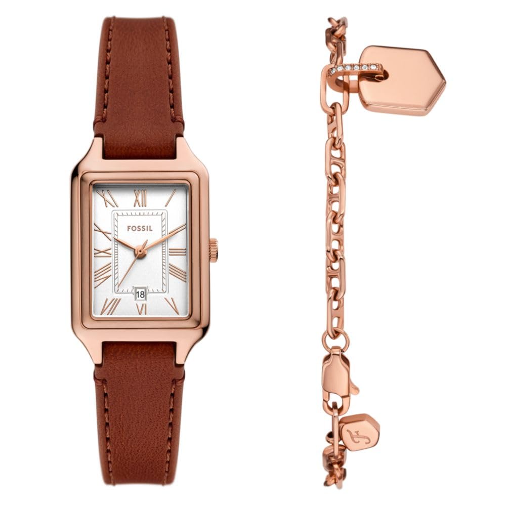 Fossil Women's Raquel Three-Hand Date Red Leather/Rose Gold Watch and Bracelet Set