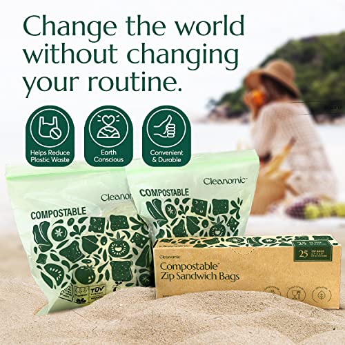 Cleanomic Compostable* Food Storage Bag Bundle – 1 Box Each of 25 Zip Quart Bags, 25 Zip Sandwich Bags, 50 Zip Snack Bags, and 25 13-Gallon Kitchen Waste Bags