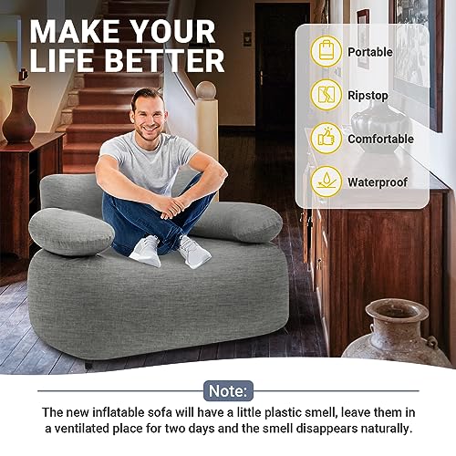 KingCamp Double Inflatable Couch Sofa Camping Chair Heavy Duty for Adults Outdoor Air Sofa with Fixed Webbing Support 880 lbs Blow Up Couch for Camping Picnic Beach Travel(Grey/Blue)