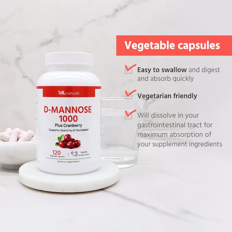 ML Naturals D-Mannose 1000 mg, Cranberry 2500 mg/serving, 120 Vegetable Capsule. Healthy urinary system, All-Natural, and Non-GMO.