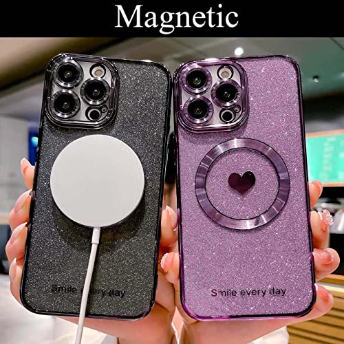 Weonmov for iPhone 13 Pro Max Case Magnetic Glitter Compatible with MagSafe, Bling Love Heart Clear Phone Case, Camera Protection Sparkly Plating Slim Soft Back Cover for Women Girls - Black